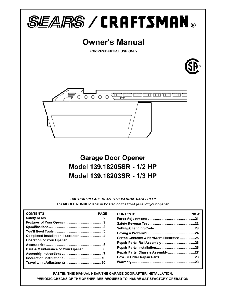 Craftsman garage door opener model 139.539 manual